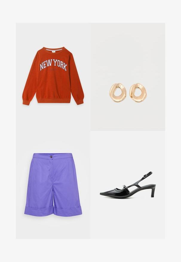 Oranje sweater met ronde hals en witte en blauwe "NEW YORK CITY" tekst op de voorkant, lange mouwen en geribde boorden en zoom.; Paarse katoenen shorts met een rechte voorkant, enkele knoopsluiting en omgeslagen zoom. Glad oppervlak zonder zichtbare patronen.; Zwarte lakleren slingback schoen met een spits toelopende neus, lage hak en twee verstelbare gespen, zijaanzicht.; Set van onregelmatig gevormde, gepolijste hoepel oorbellen van goudkleurig metaal met een open midden op een effen witte achtergrond.