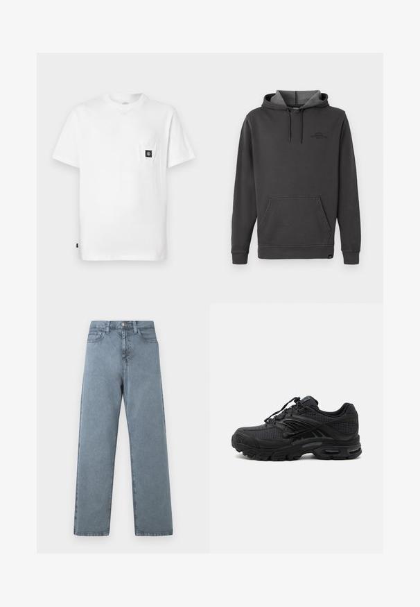 Dunkelgrauer Kapuzenpullover mit fleecegefüttertem Innenfutter, frontaler Kängurutasche, gerippten Bündchen und Saum sowie einem dezenten Logo auf der Brust.; Weißes Baumwoll-T-Shirt mit Rundhalsausschnitt, kurzen Ärmeln und einer Brusttasche mit schwarzem Logo-Patch. Glatte Textur, lockere Passform.; Hellblaue Jeans aus Denim mit geradem Bein, fünf Taschen, Metallknopfverschluss und leicht verblasster Textur.; Schwarzer athletischer Sneaker mit strukturiertem Stoff, dicker gepolsterter Sohle, Luftauslässen und Schnürverschluss, von der Seite auf hellem Hintergrund gezeigt.