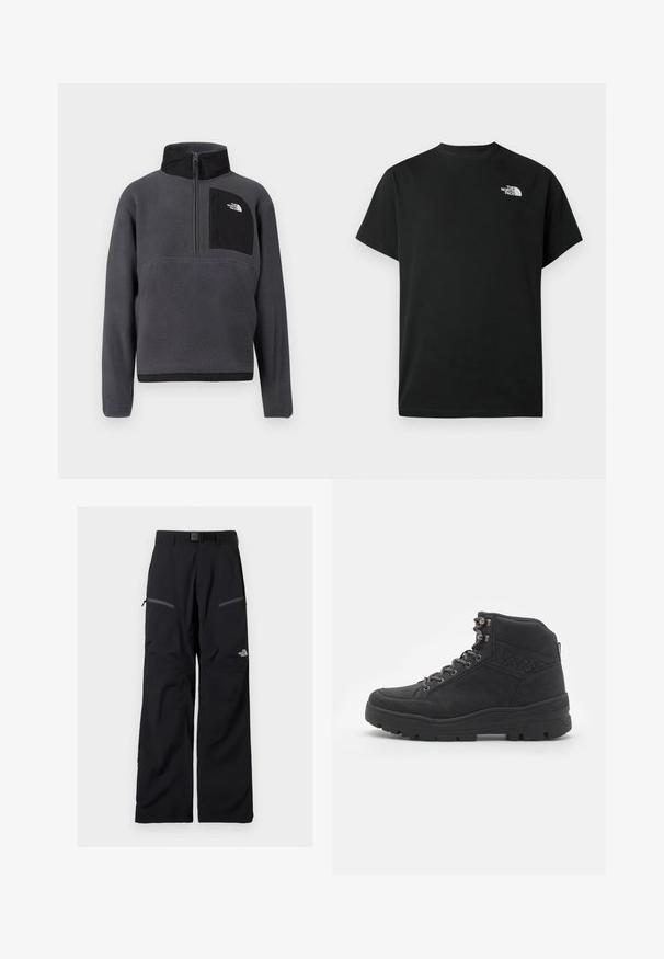 Mørkegrå fleece-pullover med høj krave, halvlængde lynlås foran og sort lynlåslomme på brystet med hvidt logo på højre side.; Sort t-shirt med korte ærmer lavet af bomuld. Har en hvid logo på venstre bryst. Enkelt snit med rund halsudskæring og minimalt design.; Sorte udendørsbukser med justerbart bælte, to lynlåslommer på lårene og The North Face-logo på højre ben.; Sorte ankelstøvler i ruskind. Har metaløjer, snørebånd og en struktureret gummisål med forstærket hæl.