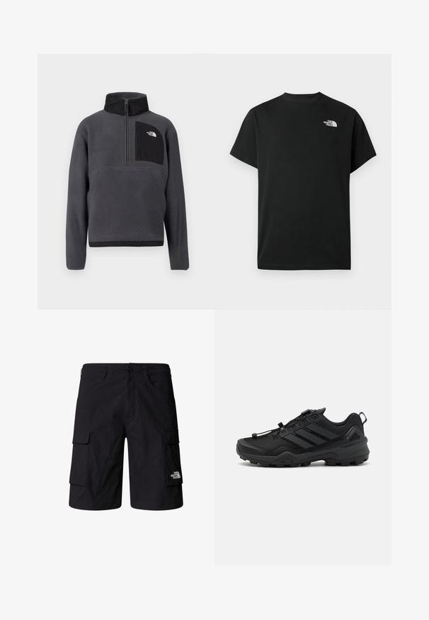 Sudadera polar de color gris oscuro con cuello alto, media cremallera frontal y bolsillo con cremallera negro en el pecho con logo blanco en el lado derecho.; Camiseta negra de manga corta hecha de algodón. Presenta un logo blanco en el pecho izquierdo. Corte sencillo con cuello redondo y detalles de diseño mínimos.; Bermudas negras de carga hechas de tela ligera, con dos bolsillos laterales, dos bolsillos de carga y un logo de marca en la parte inferior de la pierna derecha.; Zapatilla deportiva negra con una parte superior de malla texturizada, acentos sintéticos contrastantes y una suela de goma resistente. Presenta un sistema de cordones seguro y una lengüeta trasera.