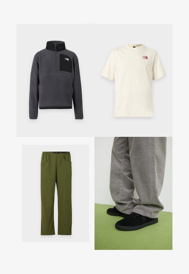 Dunkelgrauer Fleece-Pullover mit hohem Kragen, halbseitigem Reißverschluss vorne und schwarzer Reißverschlusstasche auf der Brust mit weißem Logo auf der rechten Seite.; Kurzärmeliges off-white T-Shirt mit bordeauxrotem "The North Face"-Logo auf der linken Brust, Rundhalsausschnitt, schlichtes Design.; Olivgrüne gerade geschnittene Hose mit elastischem Bund und schwarzem verstellbarem Schnallen-Gürtel, Vorder- und Seitentaschen, Details in der vorderen Naht.; Schwarze Wildleder-Skate-Schuhe mit strukturiertem Finish und einem Logo, kombiniert mit grauen Cordhosen, die eine gerippte Textur aufweisen. Grüner Fußboden.