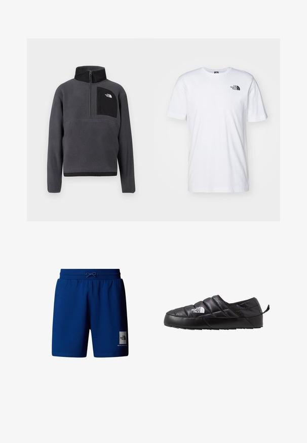 Sudadera polar de color gris oscuro con cuello alto, media cremallera frontal y bolsillo con cremallera negro en el pecho con logo blanco en el lado derecho.; Camiseta de algodón blanca con un logo negro de The North Face en el lado superior izquierdo del pecho. Diseño de manga corta y cuello redondo.; Pantalones cortos de algodón azul con cintura elástica y cordón. Cuenta con un parche de logo en la pierna izquierda. Textura suave, diseño hasta la rodilla.; Zapato negro de tipo slip-on con un diseño acolchado, hecho de material acolchado. Presenta una suela de goma texturizada y una pequeña lengüeta en la parte trasera.