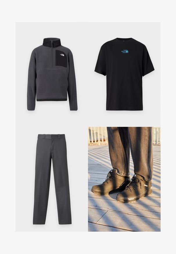 Mørkegrå fleece-pullover med høj krave, halvlængde lynlås foran og sort lynlåslomme på brystet med hvidt logo på højre side.; Sort bomuld T-shirt med rund halsudskæring og korte ærmer, med en turkis logo af "The North Face" på brystet.; Grå bukser lavet af glat stof, med lige ben-design, knappelukning og bæltesløjfer; minimale sømme og uden mønstre.; Sorte Timberland vandrestøvler har et højt design, struktureret overflade og runde snørebånd, sat mod en trægulv baggrund.