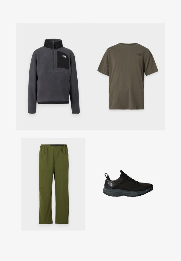 Sudadera polar de color gris oscuro con cuello alto, media cremallera frontal y bolsillo con cremallera negro en el pecho con logo blanco en el lado derecho.; Camiseta de manga corta color verde oliva lisa con un pequeño logo negro de The North Face en la parte superior izquierda del pecho.; Pantalones de corte recto en verde oliva con cintura elástica y cinturón negro ajustable con hebilla, bolsillos delanteros y laterales, detalle de costura frontal.; Zapatilla deportiva negra con parte superior texturizada, detalles de malla, suela acolchada y marca en el talón. Diseñada para el rendimiento y la durabilidad.