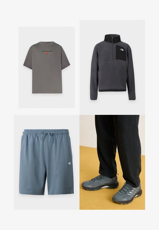 Pull-over en polaire gris foncé avec col montant, demi-fermeture éclair à l'avant, et poche poitrine zippée noire avec logo blanc sur le côté droit.; T-shirt gris à manches courtes avec le logo "OAKLEY" et un petit graphisme rouge centré sur la poitrine, présenté sur un fond blanc uni.; Shorts à taille élastique bleue avec cordon de serrage et petit logo blanc The North Face sur la cuisse gauche.; Baskets de sport grises en mesh et synthétique avec un profil de semelle prononcé, des accents réfléchissants et un design à lacets, associées à un pantalon noir ample.
