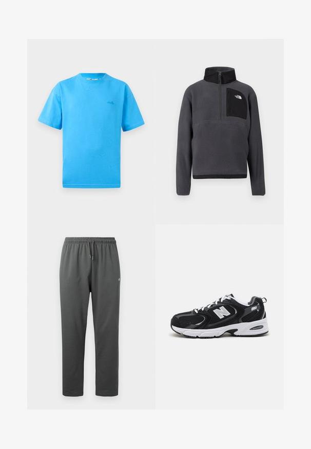 Pull-over en polaire gris foncé avec col montant, demi-fermeture éclair à l'avant, et poche poitrine zippée noire avec logo blanc sur le côté droit.; T-shirt en coton bleu clair avec des manches courtes, col rond et un petit logo sur la poitrine gauche. Texture lisse et coupe classique.; Pantalon de survêtement en polaire gris foncé avec taille élastique et cordon de serrage, avec un petit logo sur la cuisse droite.; Baskets de sport noires et grises avec un tige en mesh et en suède, présentant une semelle intermédiaire blanche, des lacets et un logo "N" audacieux sur le côté.