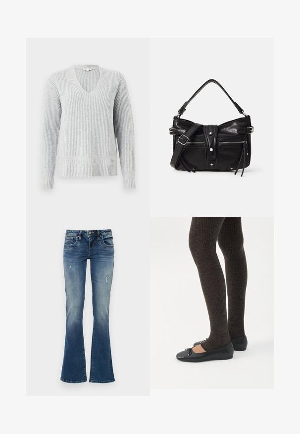 TOM TAILOR V NECK PULLOVER - Striktrøje - medium silver grey; Denim jeans med flair i mellemblå med udskudte områder og slidte detaljer. Har fem lommer og lynlås med knaplukning.; Ben iført mørke ribbede leggings kombineret med sorte balletsko med små sløjfedetaljer på hvid baggrund.; Even&Odd H24462 - Håndtasker - black