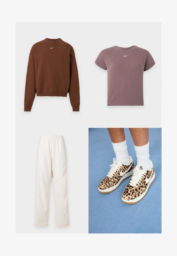 Bruine longsleeve trui met een ronde hals en een klein wit Nike Swoosh-logo in het midden van de borst.; Mauve ribbel kortemouwen crop top met ronde hals en klein wit Nike-logo gecentreerd onder de halslijn.; Loszittende, crèmekleurige broek met elastische taille en een rechte pijp, weergegeven tegen een effen witte achtergrond.; Nike Air Force 1 sneakers met luipaardprint, witte veters en swoosh, met een tan rubberen buitenzool en een gestructureerde bovenkant. Witte crew-sokken zichtbaar.