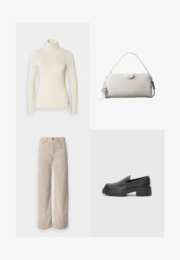 Cremefarvet turtleneck sweater lavet af ribbet stof. Har lange ærmer, tætsiddende design og et lille logo på kanten. Blød tekstur.; Beige corduroy bukser med vidde og lodrette striber, der har knaplukning og frontlommer. Blødt, tekstureret stof med en afslappet pasform.; Sorte læder loafers med rund tå, tyk tekstureret sål og minimale syninger. Elegant design uden synlige snørebånd eller hardware.; Hvid rektangulær Calvin Klein håndtaske med enkelt håndtag, minimalistisk design og dekorative kvaster med geometrisk metalvedhæng på siden.