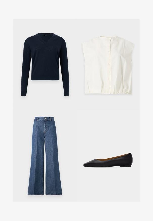 Marineblå V-hals langærmet sweater med ribbet kant og ærmeafslutninger, vist mod en lysegrå baggrund.; Hvid kortærmet bluse med rund halsudskæring og knaplukning foran, lagt fladt på en lys grå baggrund.; Bredde ben blå denim jeans med høj talje, med klassisk fem-lomme stil og knaplukning, lavet af struktureret bomstof.; Sort læder flad sko med spids tå, lav hæl og glat finish, vist fra siden på en lysegrå baggrund.