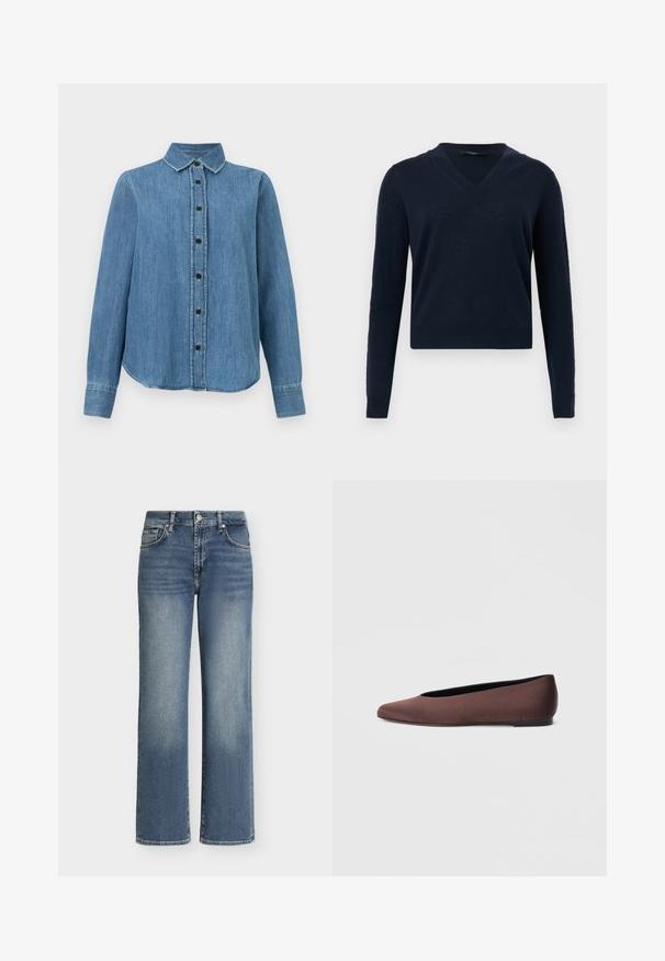 Pull bleu marine à col en V avec manches longues, poignets et ourlet côtelés, présenté sur un fond gris clair.; Chemise en denim bleu à manches longues avec col et boutons noirs, ourlet légèrement arrondi, posée à plat sur un fond blanc.; Jean bleu taille haute avec une coupe droite, bouton et fermeture éclair à l’avant, et design à cinq poches.; Ballerines en tissu marron avec un bout pointu et une texture lisse, dotées d'un talon bas et d'une fine semelle noire. Aucune motif ni élément métallique visible.