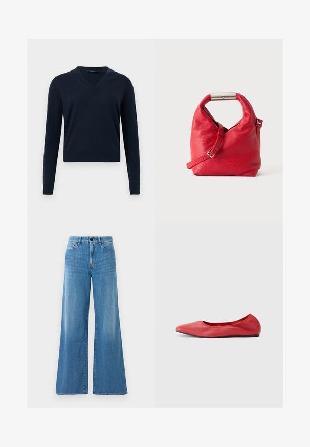 Marineblauer V-Ausschnitt-Pullover mit langen Ärmeln, gerippten Bündchen und Saum, präsentiert vor einem hellgrauen Hintergrund.; Blaue High-Waist-Jeans aus Denim mit weitem Bein, Frontknopf, Reißverschluss und Vorder- sowie Gesäßtaschen.; Filippa K REY FLATS - Klassischer Ballerina - bright red; Rote strukturierte Lederhandtasche mit einem Metallbügelgriff und verstellbarem Riemen, dargestellt auf einem schlichten weißen Hintergrund.