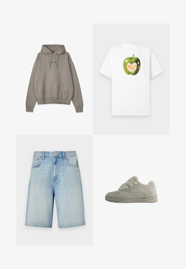 Hætte sweatshirt i lys grå bomuldsblanding, med en frontlomme, ribbede manchetter og kant, samt "PEGADOR" logoet henover brystet.; Hvid t-shirt med korte ærmer med et grønt æble-grafik; æblet har et hjerteformet skrællet område, der viser teksten "Carhartt WIP".; Lyseblå denimshorts med lige skæring, forsynet med knap- og lynlåslukning, fem lommer og en let slidtblandet finish.; Lav-snit grå sneaker med tykke teksturerede snørebånd, polstret krave, syninger i panelerne og en rilled gummisål for greb.