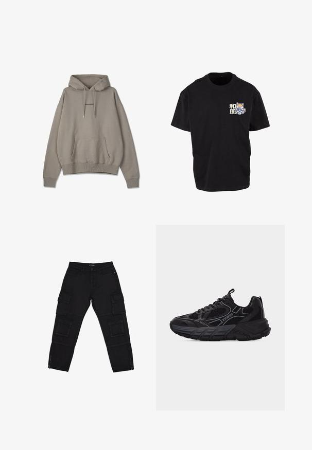 Hætte sweatshirt i lys grå bomuldsblanding, med en frontlomme, ribbede manchetter og kant, samt "PEGADOR" logoet henover brystet.; Sort bomulds t-shirt med et centralt grafisk motiv af en ræv, der holder en drink, med japanske tegn i lys farve på venstre brystområde.; Sorte cargo-bukser lavet af slidstærkt stof, med flere cargo-lommer, lynlåse ved anklerne og lige ben med diskrete stikninger.; Sort atletiksneaker med mesh- og læderdetaljer, tyk sål, "ICEBERG" og "1974" branding samt trækkapper på tunge og hæl.