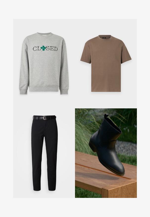 Lichtgrijze longsleeve sweater met de tekst "CLOSED" in het zwart gedrukt, waarbij "O" is vervangen door een groene klaver met vier blaadjes op de borst.; Bruin T-shirt met korte mouwen en ronde hals, regular fit, getoond tegen een effen witte achtergrond.; Zwarte broek met een rechte snit, voorzien van een zachte textuur en een zwarte leren riem met een zilveren gesp. Eenvoudig ontwerp, zonder patronen of accenten.; Zwarte leren enkellaars met rits, geplaatst aan het einde van een gepolijst houten bankje buiten, met gras en stenen op de achtergrond.