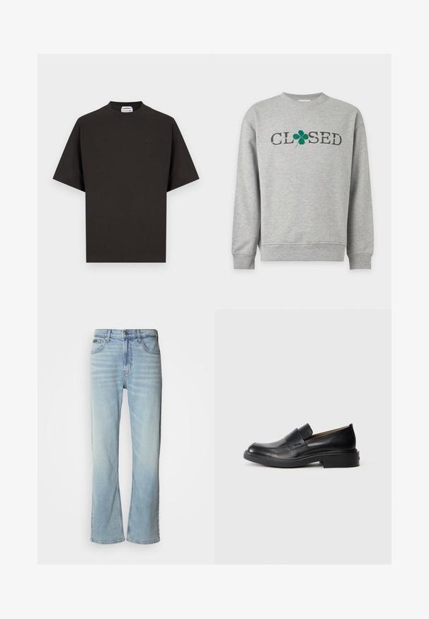 Sweat-shirt gris clair à manches longues avec le texte "CLOSED" imprimé en noir, "O" remplacé par un visuel de trèfle à quatre feuilles vert sur la poitrine.; T-shirt noir à manches courtes et col rond, avec un petit logo crocodile ton sur ton de Lacoste sur la poitrine gauche et un ourlet droit.; Jeans en denim bleu clair avec une coupe droite, dotés de cinq poches, d'une fermeture à bouton et d'une légère décoloration sur le tissu.; Chaussure habillée noire en cuir, à enfiler, avec un petit talon et un logo Calvin Klein discret sur le côté, présentée de profil sur un fond blanc.