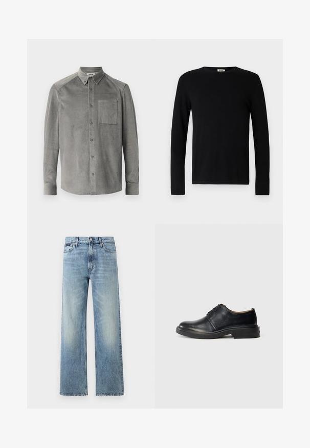 Sort langærmet T-shirt med rund halsudskæring, lavet af blødt stof, med en lige skæring og uden synlige mønstre eller accenter.; Grå kordfløjl skjorte med lange ærmer, der har en frontlomme, knap-krave og vertikal ribbet tekstur; standard pasform med knaplukninger.; Lyseblå denim jeans med lige ben, højt talje, fem lommer, knaplukning og diskrete falmede områder på lår og knæ.; Sorte læder oxford sko med rund tå, snørebånd foran og lav, stablet hæl på lys baggrund.