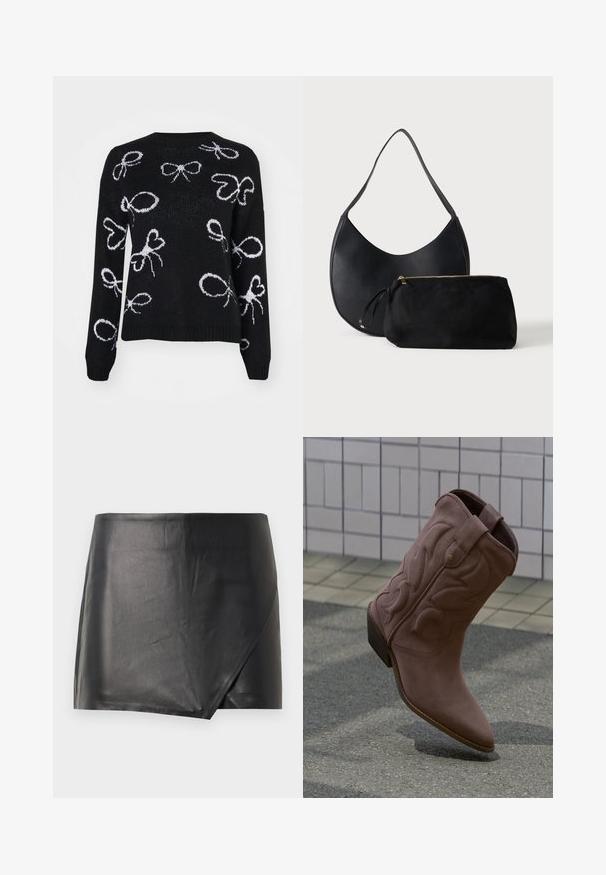 ONLY ONLLOUI BOW - Džemper - black/cloud dancer; Mustast nahast mini seeliku, millel on ümber wrap-disain, sile tekstuur ja puhas viimistlus. Ei sisalda nähtavat riistvara ega mustreid.; Üksik pruun kauboisaabas dekoratiivse õmblusega, puhkab sillutatud pinnasel plaaditud seina taustal.; Mustast nahast õlakott kõveriku kujuga ja sobiva musta lukuosaga taskuga kuldse tõmblukuga valgel taustal.