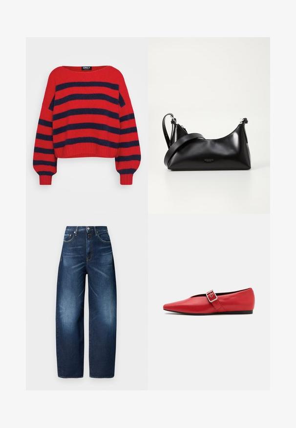 Rode gebreide trui met marineblauwe horizontale brede strepen, lange mouwen, ronde halslijn en geribbelde manchet- en onderrand.; Donkerblauwe denim jeans met een rechte pijp, voorzien van een knoopsluiting, vijf zakken en lichte vervaging op de bovenbenen voor textuurcontrast.; Rode leren platte schoen met een spitse neus, voorzien van een zijkant band met een metalen gesp en een lage zwarte hak. Gladde textuur overal.; Zwarte leren handtas met een gladde textuur. Beschikt over een verstelbare schouderband en een strak, minimalistisch ontwerp met een ritssluiting.
