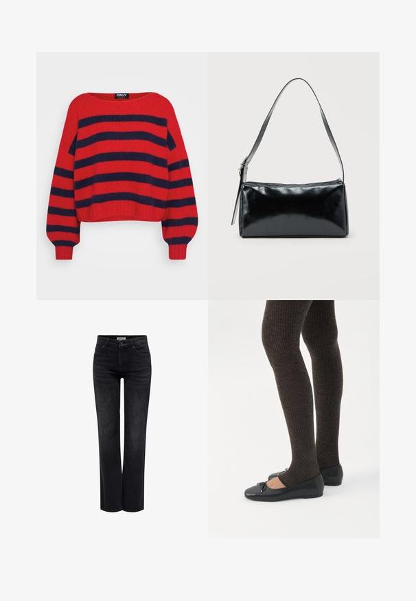 Rode gebreide trui met marineblauwe horizontale brede strepen, lange mouwen, ronde halslijn en geribbelde manchet- en onderrand.; ONLY BLUSH MID STRAIGHT NOOS - Straight leg jeans - washed black; Benen met donkere geribbelde leggings gecombineerd met zwarte ballerina's met kleine strikdetails op een witte achtergrond.; Zwarte rechthoekige schoudertas met een enkele verstelbare band en een bovenste ritssluiting op een effen achtergrond.