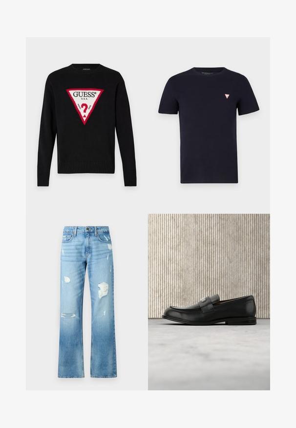 Jersey de punto negro con un gran triángulo rojo que lleva el texto blanco "GUESS® U.S.A." y un motivo de signo de interrogación en el centro. Puños y dobladillo acanalados.; Camiseta de algodón azul marino con cuello redondo y mangas cortas; cuenta con un pequeño logo rojo en forma de triángulo en el lado izquierdo del pecho.; Vaqueros de mezclilla azul claro con un diseño de pierna recta, que presentan detalles desgastados y un acabado desvaído. Incluyen un botón de metal y cinco bolsillos.; Mocasín de cuero negro con una placa metálica de marca apoyado cerca de una mesa redonda marrón sobre un suelo alfombrado beige.