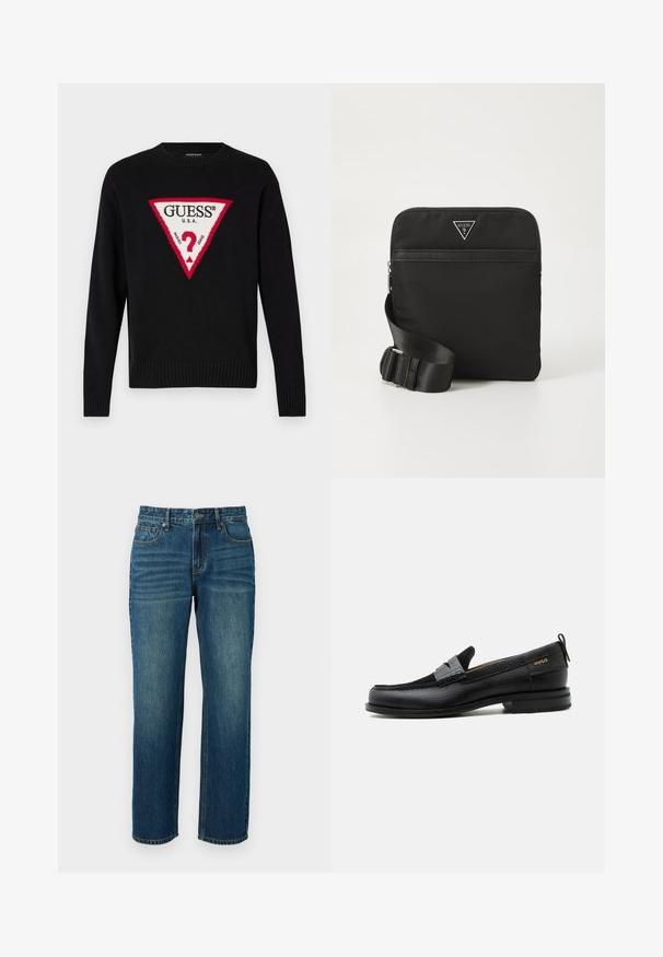 Jersey de punto negro con un gran triángulo rojo que lleva el texto blanco "GUESS® U.S.A." y un motivo de signo de interrogación en el centro. Puños y dobladillo acanalados.; Jeans de denim en azul oscuro con corte recto, que cuentan con cinco bolsillos, trabillas para el cinturón y un ligero desgastado en los muslos.; Mocasín de cuero negro con detalle de tira gris, tacón bajo y suela texturizada, con la marca "HUGO" en oro en el lateral.; Bolso cruzado de nylon negro con correa ajustable, cierre de cremallera, bolsillo frontal y emblema de logotipo en tono plateado. Forma rectangular plana, textura suave.