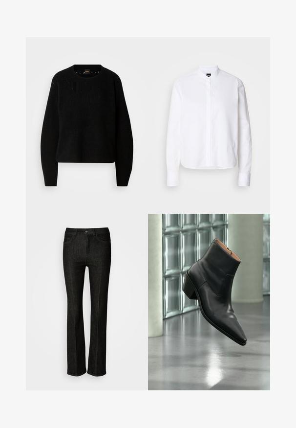Pull en maille noir avec un col rond et une texture côtelée. Présente des détails subtils autour de l'encolure et des manches longues et droites.; Chemise blanche à col avec patte de boutonnage à l'avant, manches longues et poignets à boutons. Fabriquée en coton lisse avec une coupe structurée.; Jeans en denim noir à coupe droite, avec une fermeture à bouton, cinq poches et des détails de couture subtils. Texture lisse et design classique.; Bottine en cuir noir avec un bout pointu et un talon carré lévitant au-dessus d'un sol gris réfléchissant près d'un mur en blocs de verre.