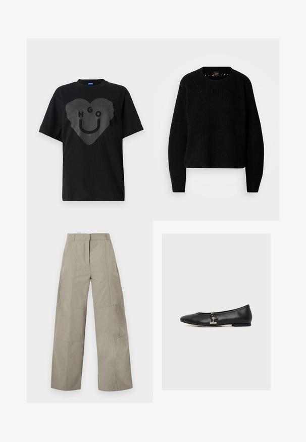 Sort strik sweater med rund hals og ribbet tekstur. Har subtil detaljering omkring halsudskæringen og lange, lige ærmer.; Sort t-shirt, oversized pasform, med en stor hjertegrafik og teksten "HGO" samt en smilende ansigt i blank finish på fronten.; Beige bukser med vide ben, højtaljede, bæltestropper, detaljer med sømme foran og skjult lukning foran.; Sort læderballerina med en lille guldbeslået detalje på siden, lav hæl og afrundet tå, vist i profil på hvid baggrund.