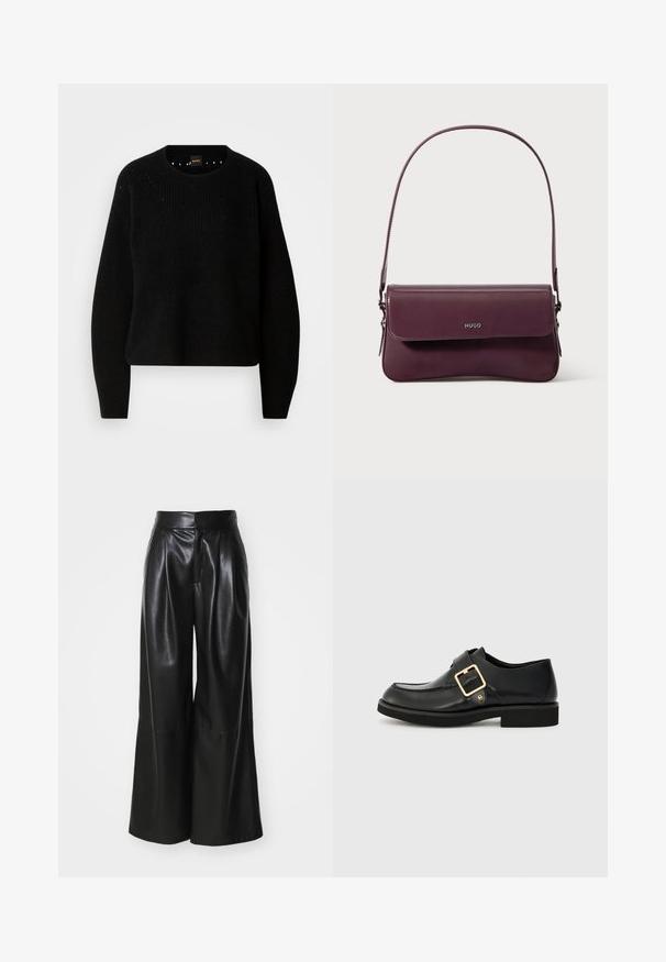 Sort strik sweater med rund hals og ribbet tekstur. Har subtil detaljering omkring halsudskæringen og lange, lige ærmer.; Sorte faux læder brede bukser med høj talje, plisseret foran og glat tekstur. Har et rent, minimalistisk design.; Sort lædersko med rund tå, udstyret med en guldbuckle og en flad gummisål. Glat tekstur med diskrete syningsdetaljer.; Bordeauxfarvet lædertaske med et struktureret design, der har en klaplukning og en justerbar rem. Logo detaljer præget på forsiden.