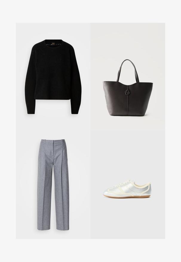 Sort strik sweater med rund hals og ribbet tekstur. Har subtil detaljering omkring halsudskæringen og lange, lige ærmer.; Lys grå bredbenede bukser i et struktureret stof, med plisseringer foran og en skræddersyet talje. Minimalistisk design, ingen synlig hardware.; Sølvfarvede syntetiske sneakers med cremefarvede detaljer, lav profil, rundet snude og flad gummisål; har klassiske syninger og snørelukning.; Sort tekstureret lædertaske med dobbelte håndtag og en central dekorativ lås på en ensfarvet baggrund.