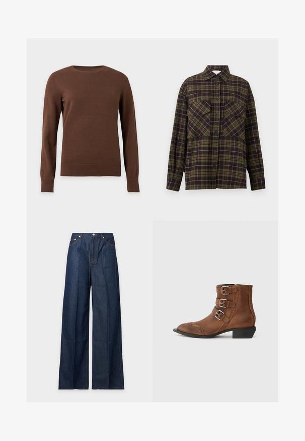Brun crewneck langærmet sweater med ribkant ved manchetter og kant, vist på en ensfarvet lys baggrund.; Herre langærmet skjorte med knapper, olivengrøn, sort og lyserød ternet mønster og to forlommer med klap.; Mørkeblå vidde cowboybukser med forlommer, bæltestropper og knaplukning, vist på en ensfarvet lys baggrund.; Brune læder ankelstøvler med tre sølv spænder, spids tå og dekorativ syning langs siderne. Lav blokhæl.
