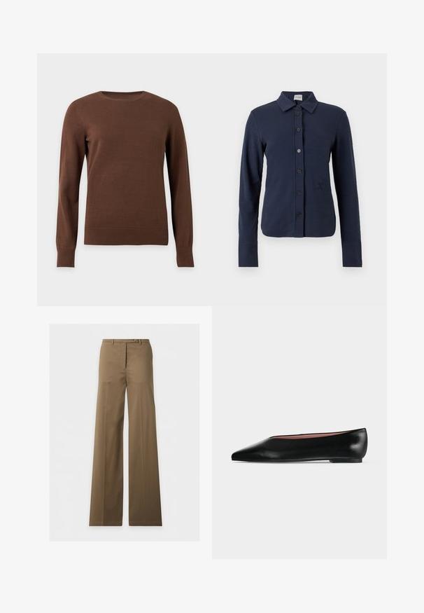 Pull marron à manches longues, col rond, avec poignets et ourlet côtelés, présenté sur un fond clair uni.; Chemise bleu marine à manches longues avec col, six boutons noirs sur le devant et un logo brodé discret sur le côté gauche.; Pantalon marron taille haute à jambes larges, avec passants de ceinture, fermeture à bouton et plis marqués sur le devant, présenté sur fond blanc.; Chaussure plate en cuir noir pour femme, avec bout pointu et petit talon, vue de côté sur un fond gris clair uni.