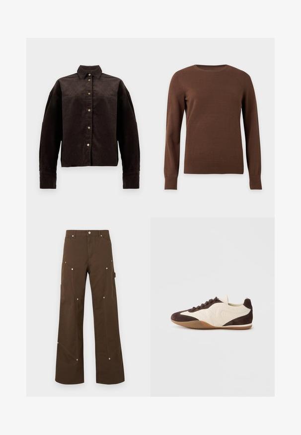 Brun crewneck langærmet sweater med ribkant ved manchetter og kant, vist på en ensfarvet lys baggrund.; Brun fløjlsskjorte med krave, frontknapper og lange ærmer. Har et struktureret stof og en let oversized pasform.; Brune bukser med lige ben, for- og sidelommer, sølvnitter, bærestropper og lukning med knap på hvid baggrund.; Brun og cremefarvet sneaker med en blanding af teksturerede og glatte materialer, lav profil, snørelukning og en gummisål.