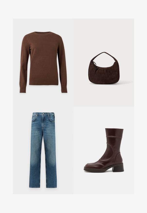 Brauner Pullover mit Rundhalsausschnitt und langen Ärmeln, mit gerippten Bündchen und Saum, auf einem schlichten hellen Hintergrund dargestellt.; Jeans aus Denim mit geradem Bein, mittlerem Blau, dezentem Verblassen, Fünf-Taschen-Design und silbernen Metallakzenten auf der Vorderseite.; MIISTA MALENE - Stiefelette - brown; Dunkelbraune Wildlederhandtasche mit kurzem Riemen und abgerundeter rechteckiger Form auf einem einfarbigen hellen Hintergrund.