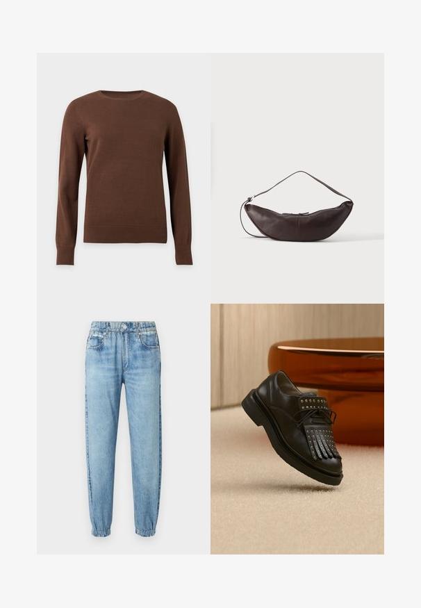 Pull marron à manches longues, col rond, avec poignets et ourlet côtelés, présenté sur un fond clair uni.; Jean en denim bleu clair avec des ourlets élastiqués, un bouton et une fermeture éclair à l'avant, des passants de ceinture et des poches avant.; Chaussure en cuir noire à lacets avec franges décoratives et clous métalliques posée sur un tapis beige près d'un meuble marron.; Sac d'épaule en cuir marron foncé en forme de croissant avec une lanière courbée et des coutures visibles sur fond uni.