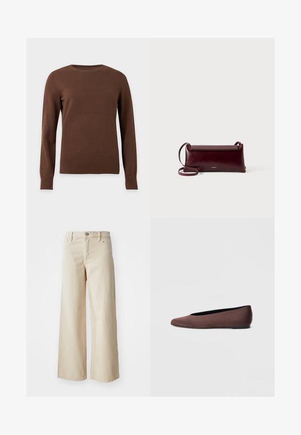 Bruine trui met ronde hals en lange mouwen, met geribde boorden en zoom, getoond op een effen lichte achtergrond.; Beige wijdvallende jeans van denim, met een hoge taille, knoopsluiting, riemlussen en zijzakken. Gladde textuur en relaxed fit.; Bruine stoffen balletschoenen met een puntige neus en een gladde textuur, voorzien van een lage achterkant en een dunne zwarte zool. Geen zichtbare patronen of metalen onderdelen.; Bordeaux lederen schoudertas met een gladde textuur, rechthoekige vorm, klep sluiting en een dunne verstelbare schouderband. Gouden logo detail zichtbaar.