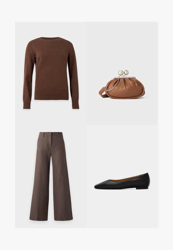 Pull marron à manches longues, col rond, avec poignets et ourlet côtelés, présenté sur un fond clair uni.; Pantalons amples marron en tissu lisse ; dotés d'un devant plat, de passants de ceinture et de coutures verticales le long des jambes.; Chaussure plate en cuir noir à bout pointu avec talon bas et finition lisse, vue de côté sur un fond gris clair.; Pochette en cuir marron avec un fermoir à boule en argent et un petit détail en chaîne argentée sur fond blanc.