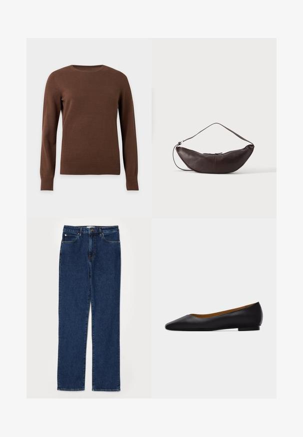 Brauner Pullover mit Rundhalsausschnitt und langen Ärmeln, mit gerippten Bündchen und Saum, auf einem schlichten hellen Hintergrund dargestellt.; Dunkelblaue Denim-Jeans im Gerade-Schnitt, fünf Taschen-Stil, mit einem stabilen Bund und sichtbaren Nähdetails.; Schwarzer flacher Schuh aus Leder mit spitz zulaufender Vorderkappe, niedrigem Absatz und glatter Oberfläche, von der Seite vor einem hellgrauen Hintergrund dargestellt.; Dunkelbraune Leder-Schultertasche in Halbmondform mit gebogenem Riemen und sichtbarer Naht auf schlichtem Hintergrund.