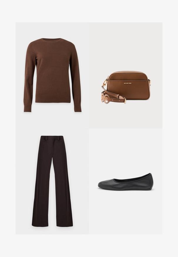 Brun crewneck langærmet sweater med ribkant ved manchetter og kant, vist på en ensfarvet lys baggrund.; Breddebenede bukser lavet af mørkt stof, med en glat tekstur, bæltestropper og en midtersøm foran, samt et enkelt, udekoreret design.; Sort læderballetsko med rund tå, glat tekstur, minimal syning og et fleksibelt såldesign.; Brun læder crossbody-taske med guldfarvede beslag, afrundede kanter og en justerbar rem med cirkeludskæringsdetaljer.