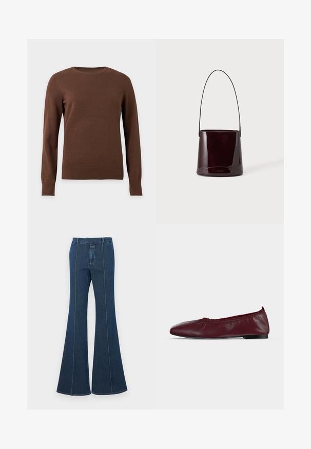 Brauner Pullover mit Rundhalsausschnitt und langen Ärmeln, mit gerippten Bündchen und Saum, auf einem schlichten hellen Hintergrund dargestellt.; Dunkelblaue, ausgestellte Denim-Hosen mit strukturierten Nähten und einem sauberen Finish. Verfügt über einen mittelhohen Bund und weite, fließende Beine.; Bordeauxrote Ballerina aus Leder mit gerafftem elastischem oberen Rand und dünner schwarzer Sohle auf weißem Hintergrund.; Dunkelbraune glänzende Eimer-Handtasche mit langem dünnem Riemen und minimal sichtbarer Naht auf hellem Hintergrund.