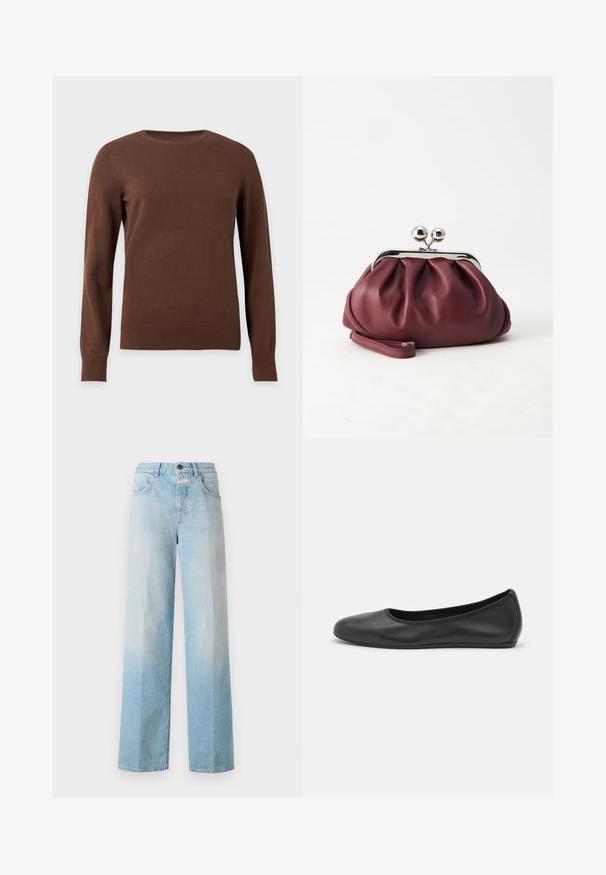 Pull marron à manches longues, col rond, avec poignets et ourlet côtelés, présenté sur un fond clair uni.; Jean large en denim bleu clair avec un dégradé usé, featuring un design classique à cinq poches et une fermeture à bouton en métal.; Ballerines en cuir noir avec un bout rond, texture lisse, détails de couture minimalistes et design de semelle flexible.; Petit sac pochette en cuir bordeaux avec fermoir métallique argenté et bracelet sur fond blanc.