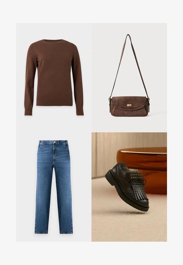 Pull marron à manches longues, col rond, avec poignets et ourlet côtelés, présenté sur un fond clair uni.; Jean droit bleu à taille haute, fabriqué en denim. Présente une fermeture à bouton et zip à l'avant, avec un léger délavage sur le tissu.; Chaussure en cuir noire à lacets avec franges décoratives et clous métalliques posée sur un tapis beige près d'un meuble marron.; Sac bandoulière en daim marron avec une longue sangle réglable et une fermeture à tour dorée sur le rabat avant.