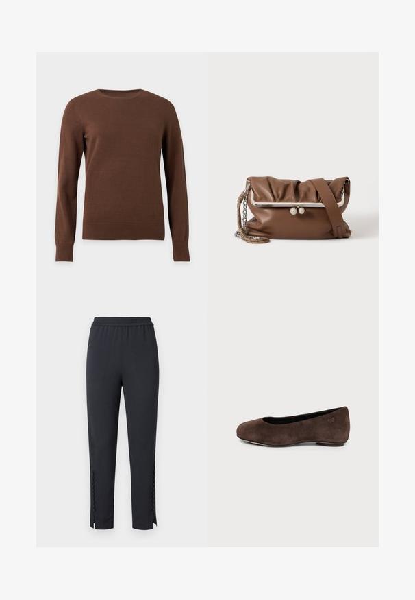 Brauner Pullover mit Rundhalsausschnitt und langen Ärmeln, mit gerippten Bündchen und Saum, auf einem schlichten hellen Hintergrund dargestellt.; Schwarze Hose mit elastischem Bund und texturierter Oberfläche, mit seitlichen Schlitzen und Knopfakzenten am Saum. Gerader Schnitt mit lässigem Design.; Brauner Wildleder-Flachschuh mit abgerundetem Zeh und niedrigem Absatz, Seitenansicht vor einfachem hellem Hintergrund.; Braune weiche Leder-Schultertasche mit silbernem Metallrahmen und Verschluss, verstellbarem Riemen und geflochtenem Kettenhenkel auf weißem Hintergrund.