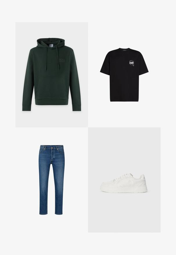 Dunkelgrünes Kapuzensweatshirt mit Kängurutasche vorne, Kordeln und dezentem "Jack & Jones"-Logo auf der linken Brust. Kein sichtbarer Träger.; Schwarzes Baumwoll-T-Shirt mit einem kleinen weißen gestickten Grafik eines Gesichts mit Sonnenbrille auf der linken Brustseite. Rundhalsausschnitt.; Blaue Denim-Jeans mit geradem Schnitt, ausgestattet mit fünf Taschen, Gürtelschlaufen und einem Knopfverschluss. Leichte Abnutzungsspuren und kontrastierende Nähte.; Weißer Sneaker aus glattem Leder mit strukturierten Akzenten, runder Schuhspitze, Schnürung und einer dicken Sohle mit Rillen.