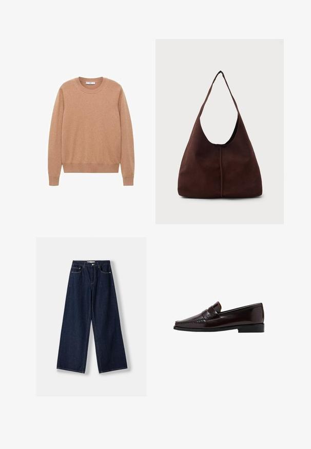 Lysbrun sweater lavet af blødt stof, med rund halsudskæring, lange ærmer og ribbede kanter. Simple, klassisk design uden mønstre.; Mørkeblå vidde denimjeans med knap- og lynlås foran, forlommer og bæltestropper, lagt fladt på en hvid baggrund.; Brun læder loafersko med en mokkasinstil foran, hævet syning langs vampskæringen og en lav sort gummisål. Glat, poleret finish.; Brun suedette hobo taske med en stor, buet åbning og en bred skulderrem. Har en centreret søm på forsiden. Glat tekstur.