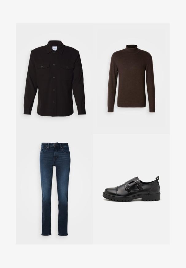 Brauner Rollkragenpullover aus weichem Material, mit langen Ärmeln und einem gerippten Kragen. Glatte Textur mit taillierter Passform.; Schwarze Langarmbluse mit durchgehender Knopfleiste, zwei Brusttaschen und einem strukturierten Kragen. Hergestellt aus einem strapazierfähigen Stoff mit einer glatten Textur.; Dunkelblaue Jeans im Denim-Stil mit geradem Schnitt, fünf Taschen, Vorderknopfverschluss und subtilen Verblassungen an den Oberschenkeln.; Pier One Business-Slipper - black