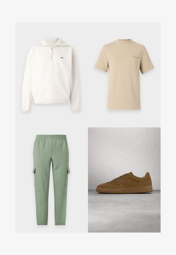 Sudadera de felpa blanca con cuello de media cremallera, textura suave, cuello acanalado y un pequeño logo verde en el área del pecho izquierdo.; Camiseta de algodón beige con escote redondeado y mangas cortas. Presenta un discreto logotipo en texto negro "SAMSOE" en el pecho.; Pantalones de chándal verde claro con cintura elástica, piernas ajustadas y dos bolsillos laterales tipo cargo. Hechos de una tela suave y transpirable.; Zapatilla deportiva de ante marrón con cordones color beige y suela de goma. Presenta una puntera redondeada y detalles cosidos en la parte superior. Diseño ligero.