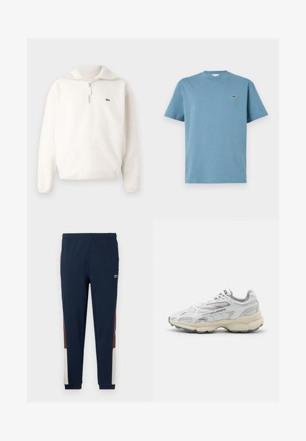 Sudadera de felpa blanca con cuello de media cremallera, textura suave, cuello acanalado y un pequeño logo verde en el área del pecho izquierdo.; Camiseta de algodón de color azul claro con cuello redondo, mangas cortas y un pequeño logotipo bordado en el pecho. Textura lisa, diseño casual.; Pantalones de chándal navy fabricados con un tejido suave, con paneles laterales en marrón y crema, cinturilla elástica y un pequeño logo en la parte frontal.; Zapatillas deportivas blancas con detalles en gris, parte superior de malla y sintético, diseño de cordones, y suela de goma texturizada con patrones de tracción.