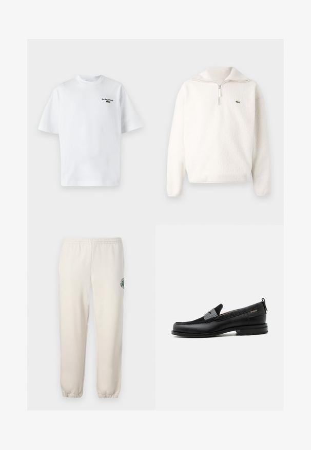 Sudadera de felpa blanca con cuello de media cremallera, textura suave, cuello acanalado y un pequeño logo verde en el área del pecho izquierdo.; Camiseta de algodón blanca con mangas cortas, que presenta el texto "Jeu Set et Match" y un pequeño logo verde en el lado izquierdo del pecho. Corte clásico.; Pantalones de chándal de color beige claro, hechos de algodón, con una cinturilla elástica, puños acanalados y un logo verde con diseño de hoja en la pierna izquierda.; Mocasín de cuero negro con detalle de tira gris, tacón bajo y suela texturizada, con la marca "HUGO" en oro en el lateral.