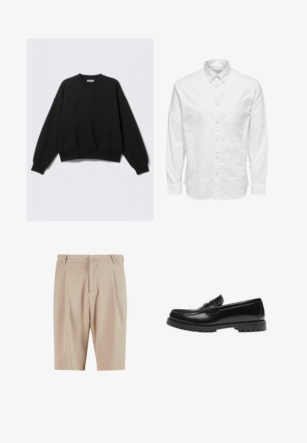 Sweat-shirt noir à coupe décontractée, col rond et manches longues légèrement bouffantes. Confectionné dans un tissu doux avec des poignets et un ourlet côtelés.; Chemise blanche à manches longues avec boutons, col et poche poitrine, étiquetée « Selected Homme » à l'intérieur du col.; Shorts beige ajustés avec plis, dotés d'une fermeture à bouton et d'un design classique. Texture lisse, coupe longueur genou, sans poches visibles.; Mocassin en cuir noir avec une semelle en caoutchouc épaisse et un détail classique de bride à monnaie, vu de côté extérieur.